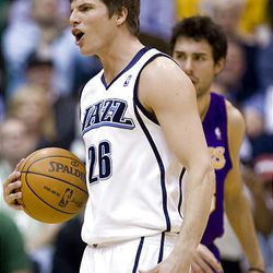 Utah's Kyle Korver shows his displeasure with a call at EnergySolutions Arena on Wednesday. Los Angeles Lakers won 96-81.