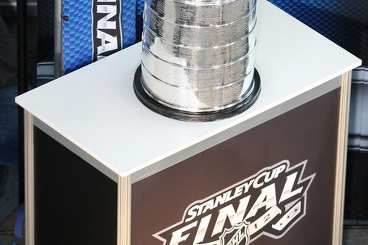 May 29; Newark, NJ, USA; A general view of the Stanley Cup on display during media day for the 2012 Stanley Cup Finals between the New Jersey Devils and Los Angeles Kings at the Prudential Center. Mandatory Credit: Ed Mulholland-US PRESSWIRE