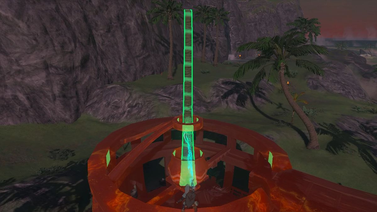 Link repairing the Lucky Treasure Shop’s central pillar with a palm tree during the Lurelin Village Restoration Project in The Legend of Zelda: Tears of the Kingdom.