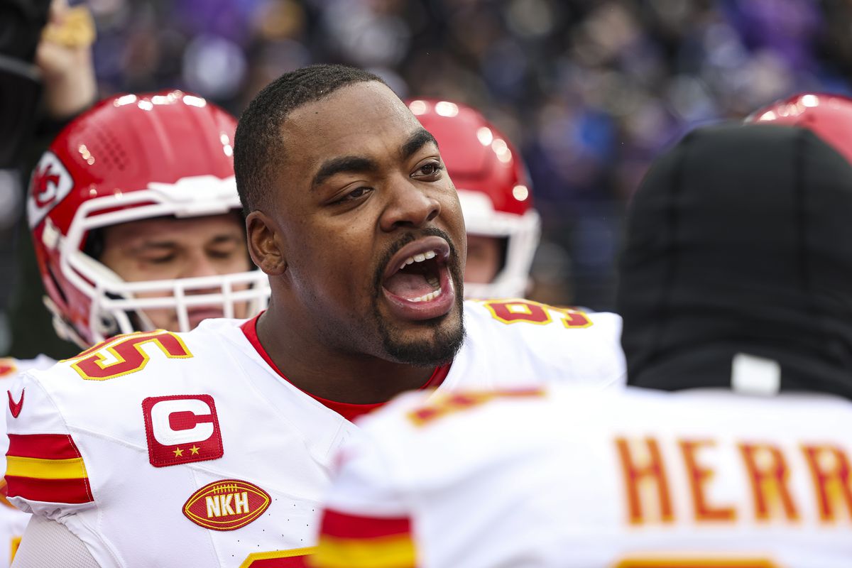 Chris Jones #95 of the Kansas City Chiefs leads a huddle prior to the AFC Championship NFL football game against the Baltimore Ravens at M&amp;T Bank Stadium on January 28, 2024 in Baltimore, Maryland.