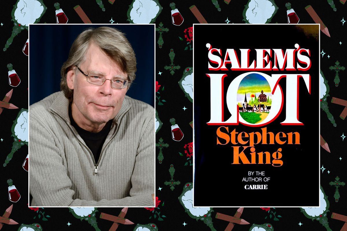 A photo of Stephen King next to the cover of his book for Salem’s Lot