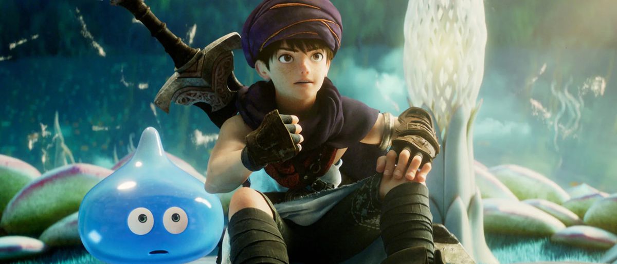 A boy and his slime look surprised in a still from Dragon Quest: Your Story