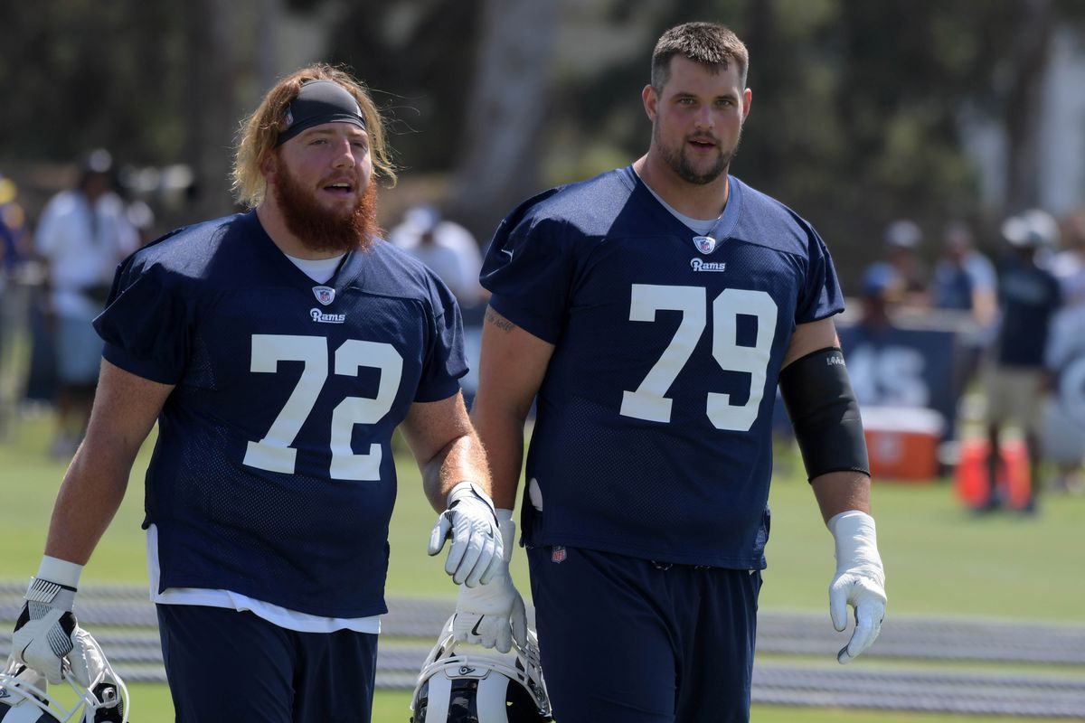 Los Angeles Rams OL Aaron Neary (72) walks with RT Rob Havenstein (79) during training camp at UC Irvine, Jul. 28, 2018.