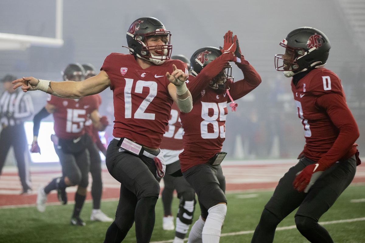PULLMAN, WA - NOVEMBER 19: Washington State wide receiver Joey Hobert (12) celebrates a blocked punt during the second half of a PAC 12 conference matchup between the Arizona Wildcats and the Washington State Cougars on November 19, 2021, at Martin Stadium in Pullman, WA.