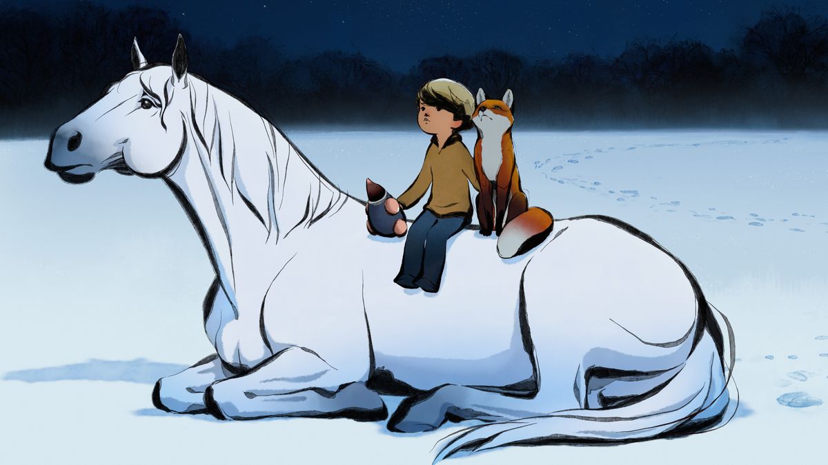 Một cậu bé, một con cáo và một con chuột chũi ngồi trên lưng ngựa trong một hình ảnh hoạt hình vẽ tay từ The Boy, the Mole, the Fox and the Horse