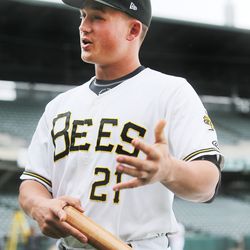 Bees' Matt Thaiss talks with media members as the Salt Lake Bees hold their media day at Smith's Ballpark on Tuesday, April 2, 2019.