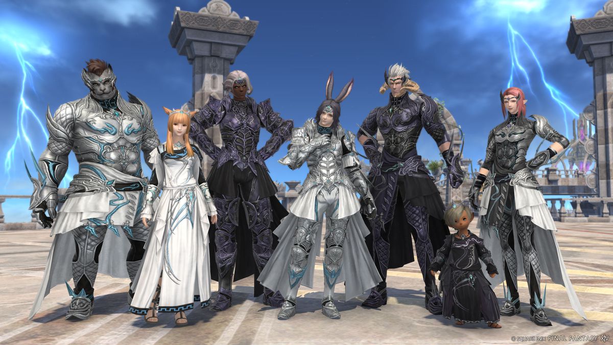 Several different Final Fantasy 14 characters stand together in silver, white, and dark purple armor from the Thaleia raid.