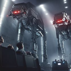 This rendering released by Disney and Lucasfilm shows people on the planned Star Wars: Rise of the Resistance attraction, part of "Star Wars: Galaxy's Edge," the 14-acre area set to open this summer at the Disneyland Resort in Anaheim, California, then in the fall at Disney’s Hollywood Studios in Orlando, Florida.
