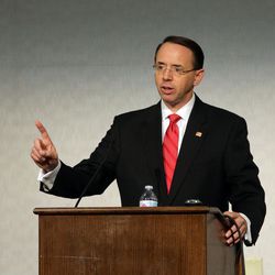 Deputy Attorney General Rod Rosenstein gives the keynote address at the 10th Annual Utah National Security and Anti-Terrorism Conference at the Sheraton in Salt Lake City, on Wednesday, Aug. 30, 2017.