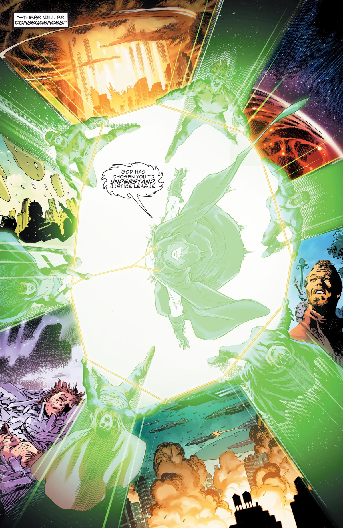 As they are all connected by Wonder Woman’s golden lasso, the Spectre gives the Justice League a violent vision of the future, if there is no host to focus his vengeful nature, in Justice League #45. 
