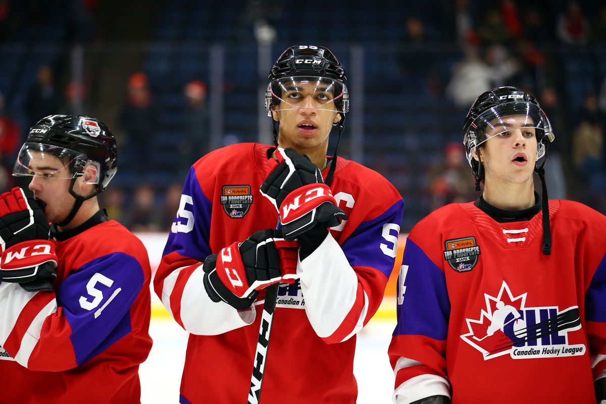 Quinton Byfield #55 of Team Red looks on following defeat to Team White in the 2020 CHL/NHL Top Prospects Game at First Ontario Centre on January 16, 2020 in Hamilton, Canada.