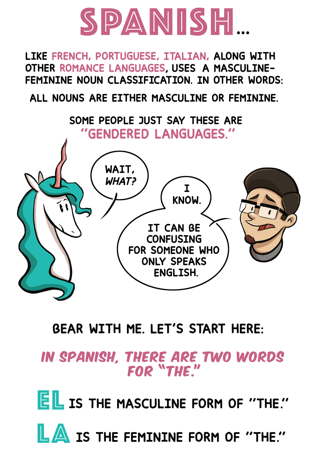 [In] Spanish ... all nouns are either masculine or feminine. Some people just say these are “gendered languages.” ... In Spanish, there are two words for “the.” El is the masculine form of “the.” La is the feminine form of “the.”