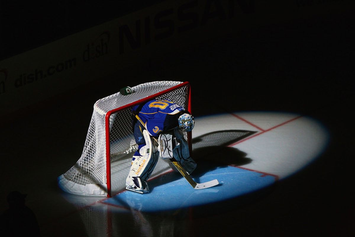 ST. LOUIS, MO - MARCH 1: Ben Bishop #30 of the St. Louis Blues is introduced prior to playing against the Calgary Flames at the Scottrade Center on March 1, 2011 in St. Louis, Missouri.  (Photo by Dilip Vishwanat/Getty Images)
