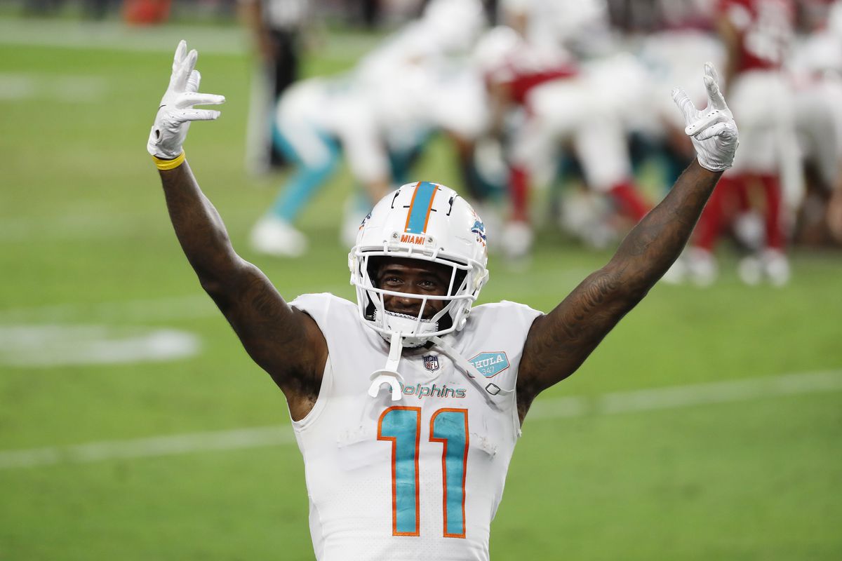 DeVante Parker #11 of the Miami Dolphins reacts during the second half against the Arizona Cardinals at State Farm Stadium on November 08, 2020 in Glendale, Arizona. The Miami Dolphins won 34-31.