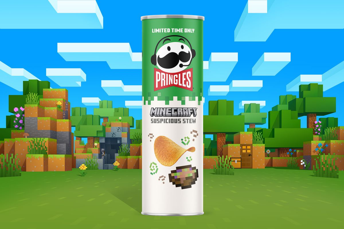Artwork of a can of Pringles Minecraft Suspicious Stew potato chips on a Minecraft game landscape background