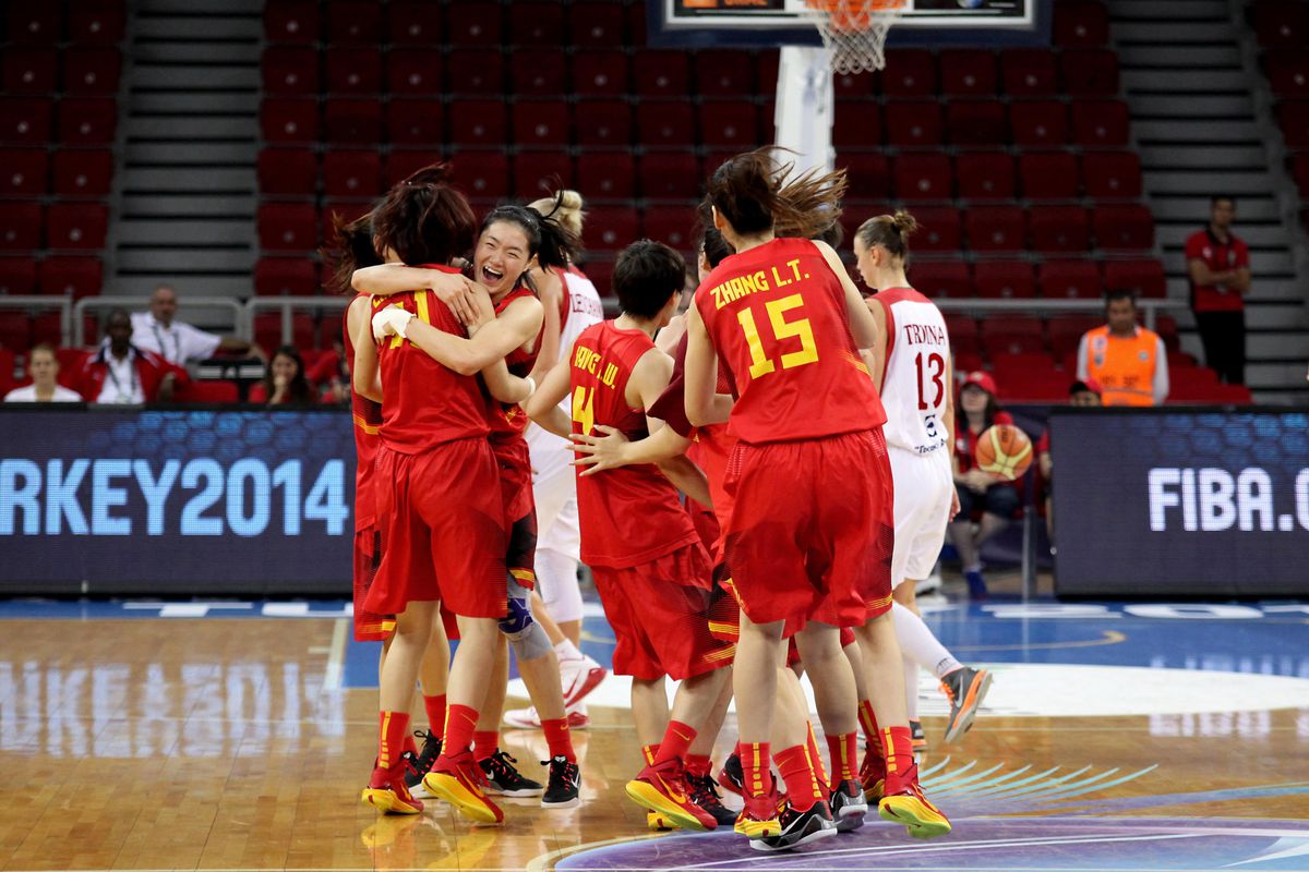 China celebrates after beating Belarus to advance to the 2014 FIBA World Championships for Women quarterfinals.