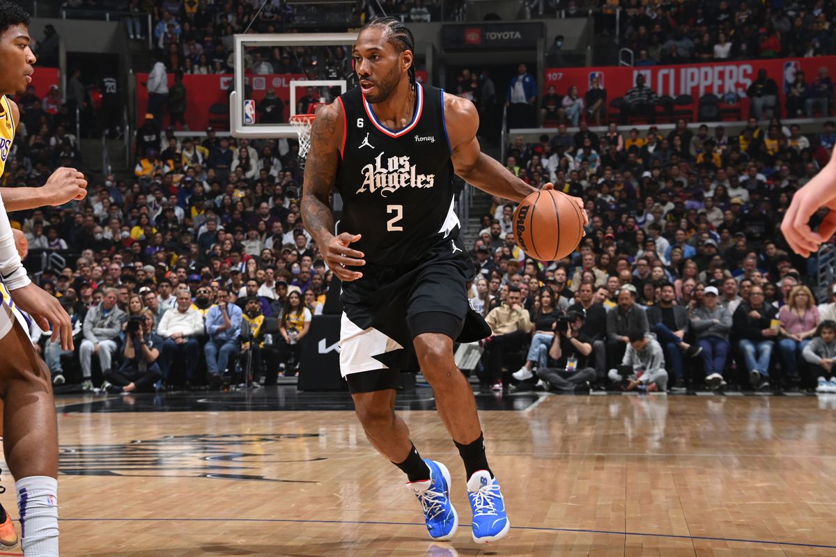 LOS ANGELES, CA - APRIL 5: Kawhi Leonard #2 of the LA Clippers dribbles the ball during the game against the Los Angeles Lakers on April 5, 2023 at Crypto.Com Arena in Los Angeles, California.&nbsp;