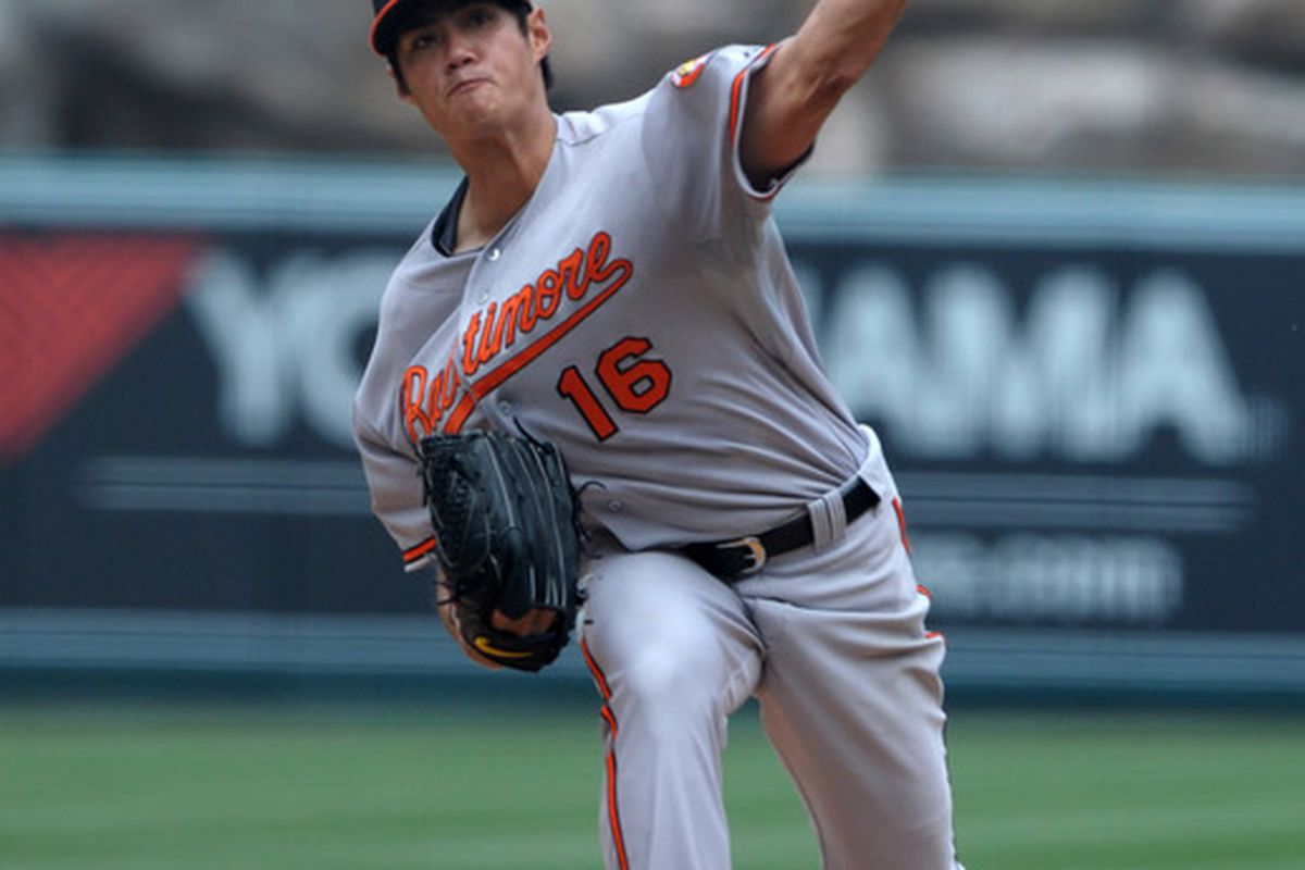 Wei-Yin Chen deals up his first MLB win.
 Mandatory Credit: Kirby Lee/Image of Sport/US PRESSWIRE