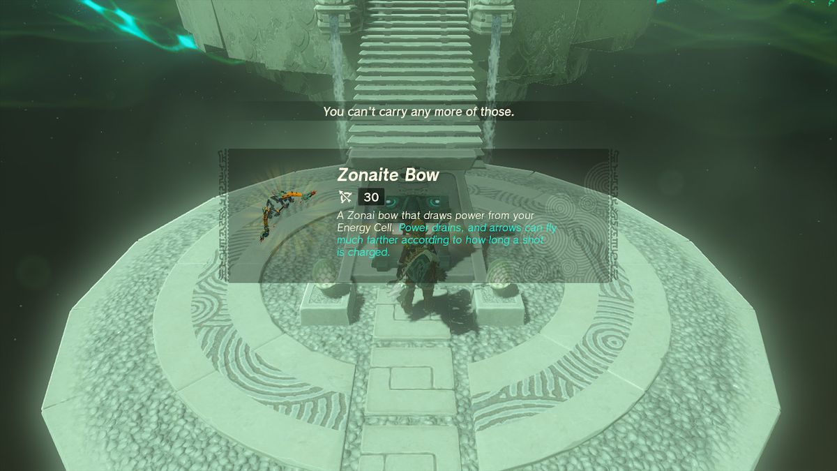 Link collecting a Zonaite Bow from a chest, with the text, “A Zonai bow that draws power from your Energy Cell. Power drains, and arrows can fly much further according to how long a shot is charged.”