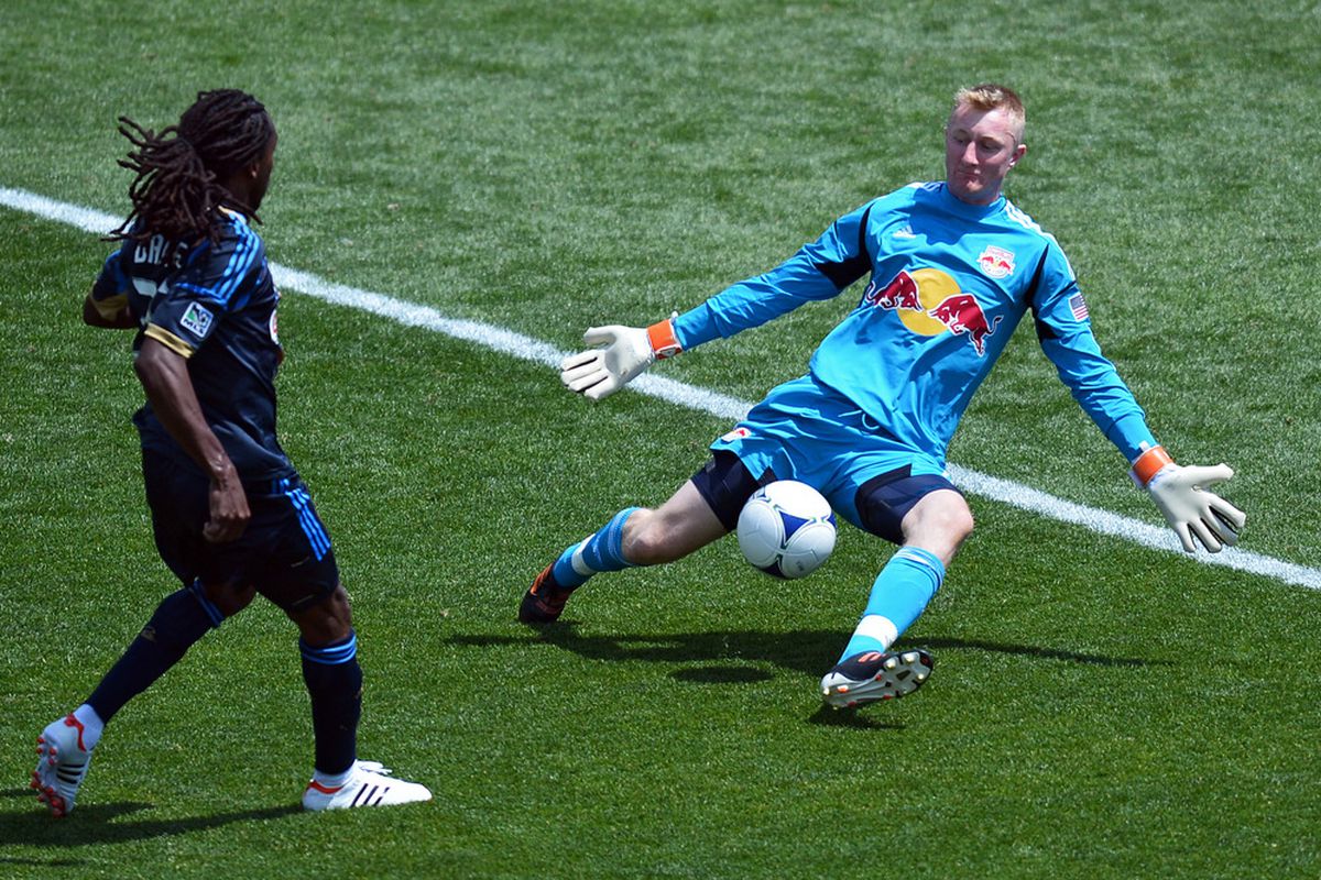 CHESTER, PA- MARCH 13: Ryan Meara #18 of the New York Red Bulls makes a save on a shot by Keon Daniel #26 of the Philadelphia Union at PPL Park on May 13, 2012 in Chester, Pennsylvania. The Red Bulls won 3-2. (Photo by Drew Hallowell/Getty Images)