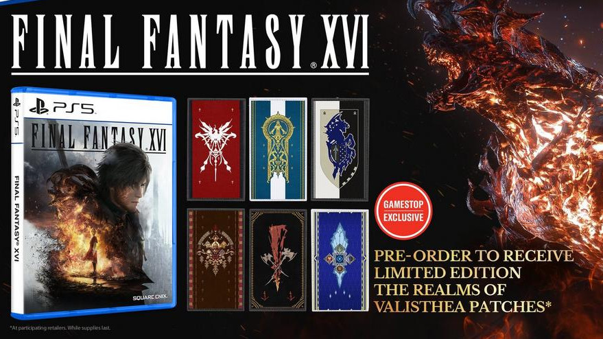 A stock image of the patches included with pre-orders of Final Fantasy 16 at GameStop