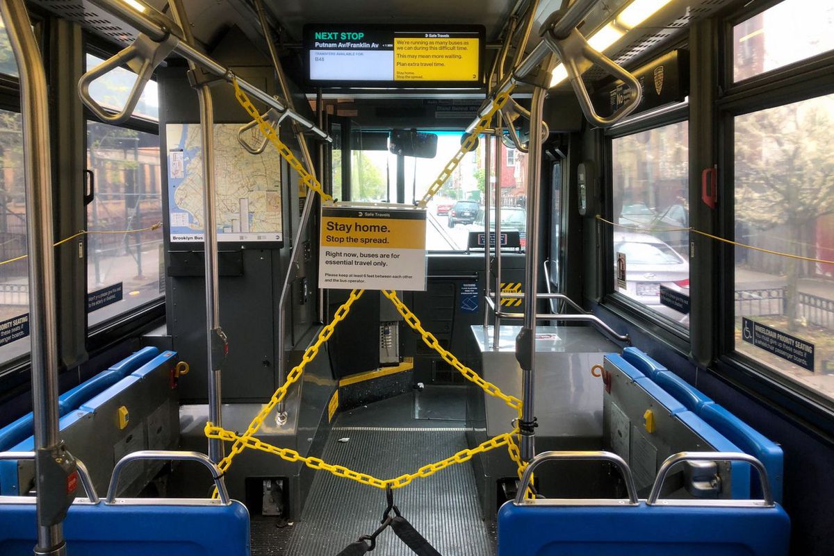 The front of an MTA bus in Brooklyn is blocked off during the coronavirus outbreak.