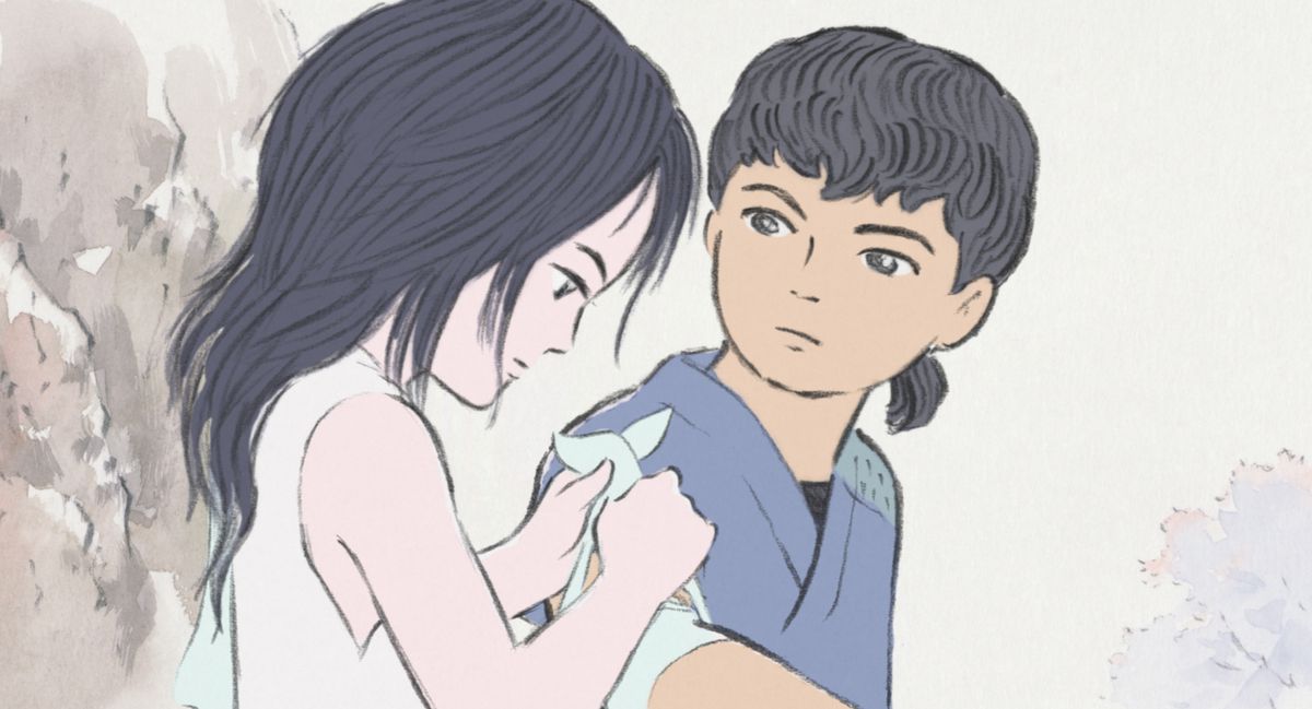 The Princess Kaguya ties a bandage around a boy’s arm in a panel with only the slightest sketches of trees around them, and open sky to their right
