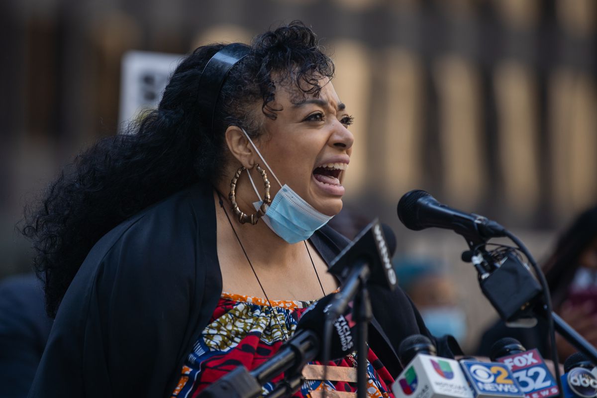 Aislinn Pulley, co-founder of Black Lives Matter Chicago, speaks during a news conference Thursday, July 23, 2020, in Federal Plaza. Black Lives Matter filed lawsuits against the Chicago Police Department, the Fraternal Order of Police and the federal government to stop police violence.