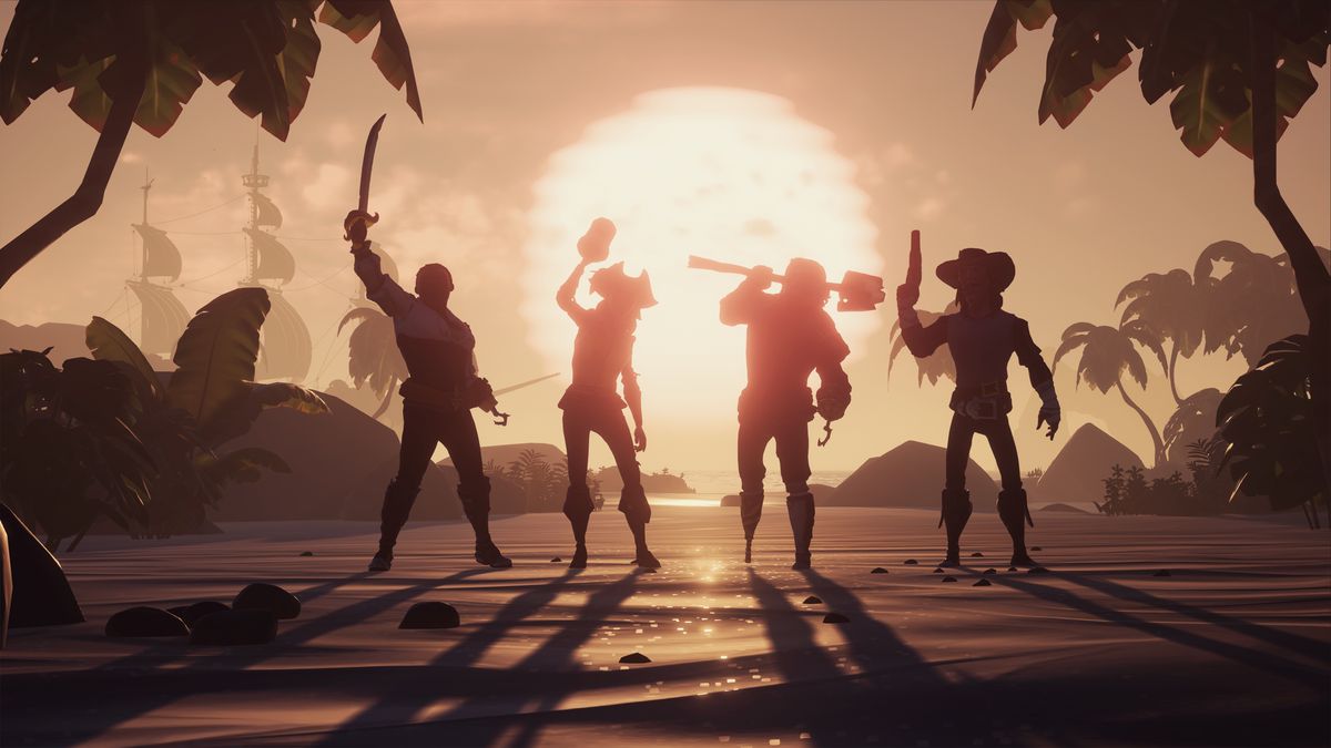 Sea of ​​Thieves - quatre joueurs avec le soleil couchant derrière eux
