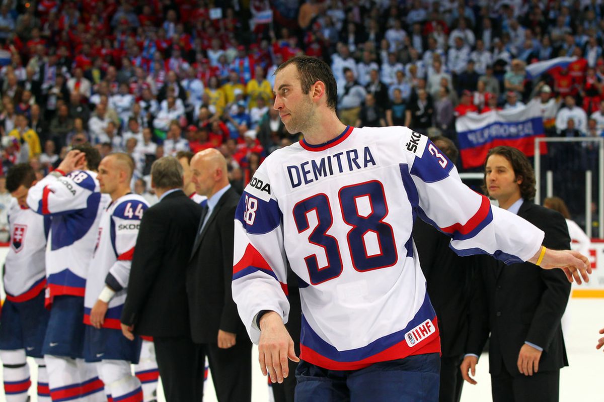 Zdeno Chara wears a shirt in remembrance of Pavol Demitra who died in a planecrash in September 2011.  (Photo by Martin Rose/Bongarts/Getty Images)