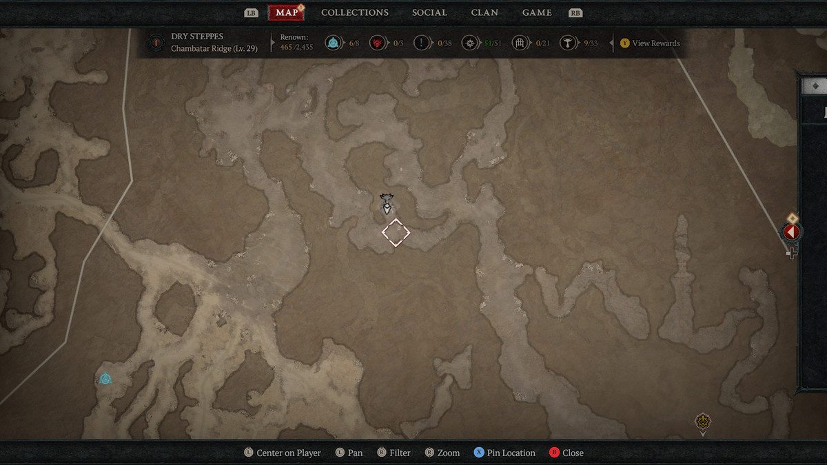 A map of the Dry Steppes in Sanctuary showing the 9th Altar of Lilith in Diablo 4