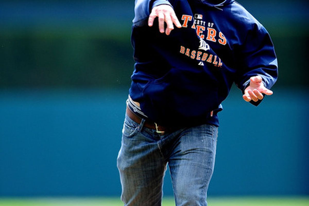April 22, 2012; Detroit, MI, USA; Detroit Lions quarterback Matthew Stafford throws out the first pitch prior to the game between the Detroit Tigers and the Texas Rangers at Comerica Park. Mandatory Credit: Andrew Weber-US PRESSWIRE