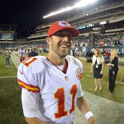 Kansas City Chiefs quarterback Alex Smith (11) celebrates at the end of the game against the Philadelphia Eagles at Lincoln Financial Field. 