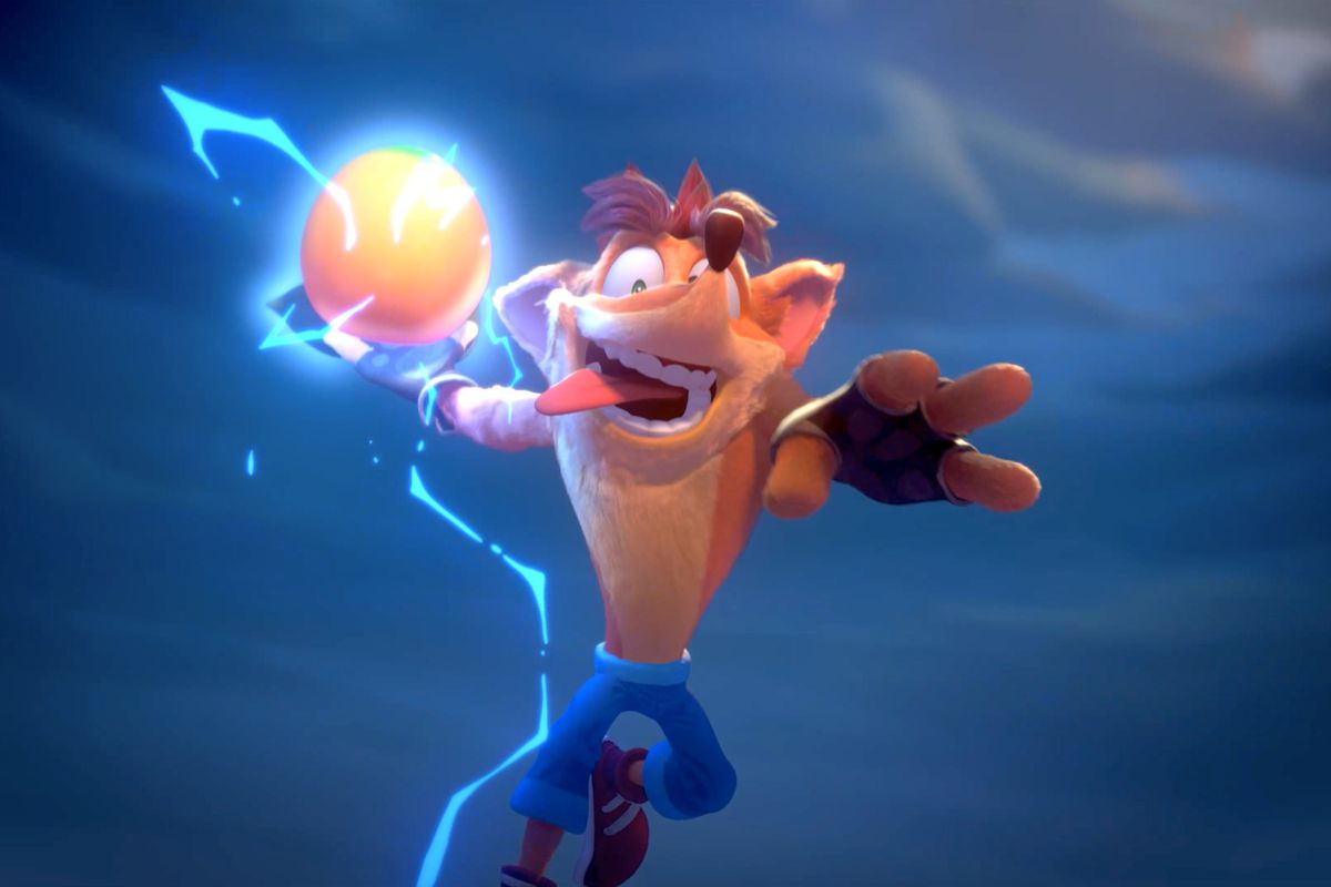Crash Bandicoot leaps to dunk a piece of fruit in a still from the trailer for Crash Team Rumble