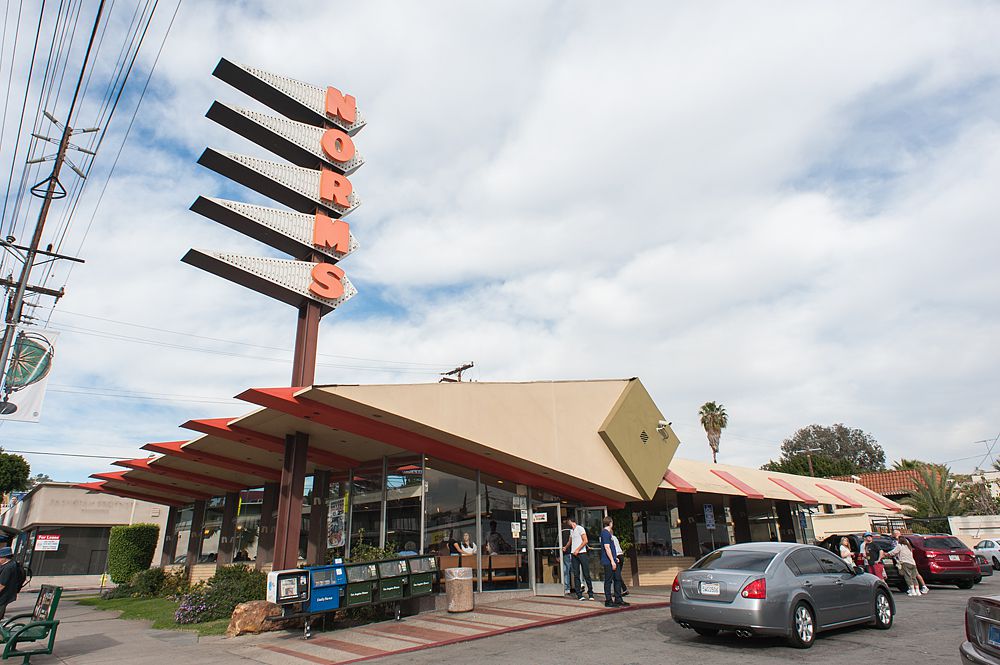 The Googie architecture of a Norm’s diner sign.