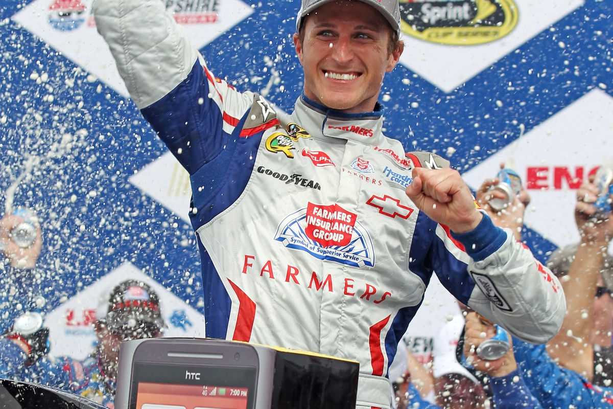 July 15, 2012; Loudon, NH, USA; NASCAR Sprint Cup Series driver Kasey Kahne celebrates after winning the Lenox Industrial Tools 301 at New Hampshire Motor Speedway.  Mandatory Credit: Stew Milne-US PRESSWIRE