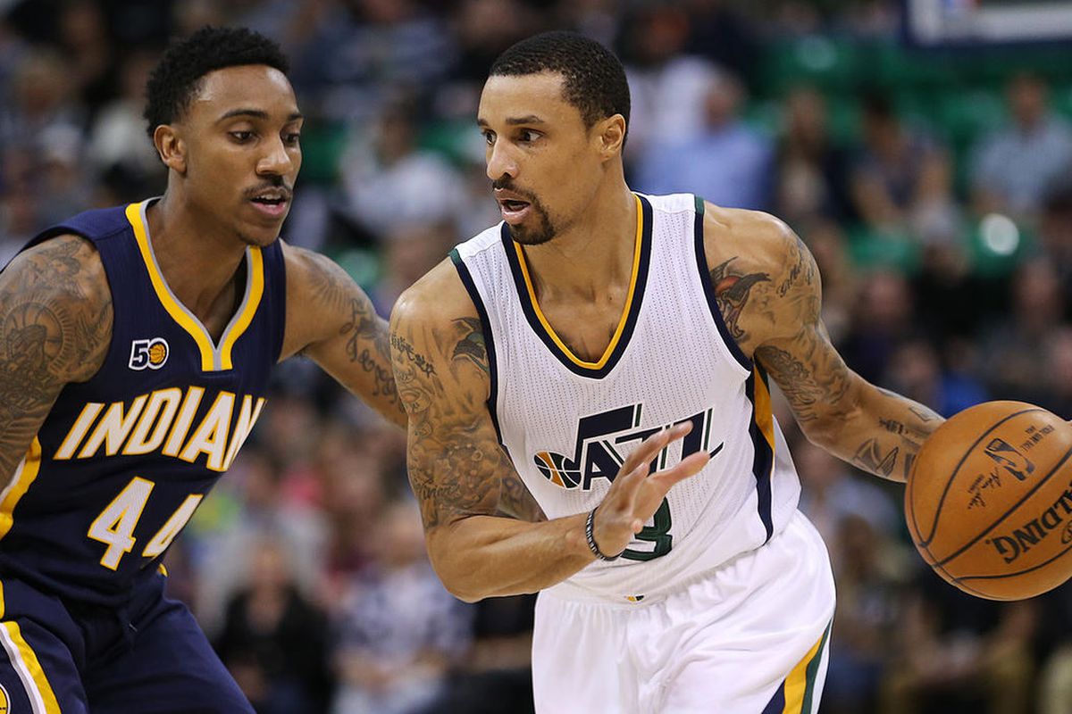 Utah Jazz guard George Hill (3) looks to drive on Indiana Pacers guard Jeff Teague (44) as the Jazz and the Pacers play at Vivint Smart Home Arena in Salt Lake City on Saturday, Jan., 21, 2017.