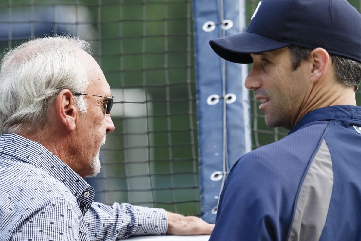 Brad Ausmus talks with former manager Jim Leyland during batting practice before the July 30, 2014 game at Comerica Park