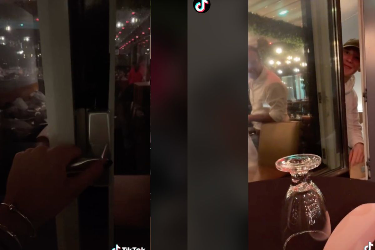 A diptych: On the left a screenshot from a TikTok video of a woman’s hand opening a window into a restaurant decorated with Christmas lights; on the right, the other side of the window, open with a person in a baseball cap waving from a hotel room.