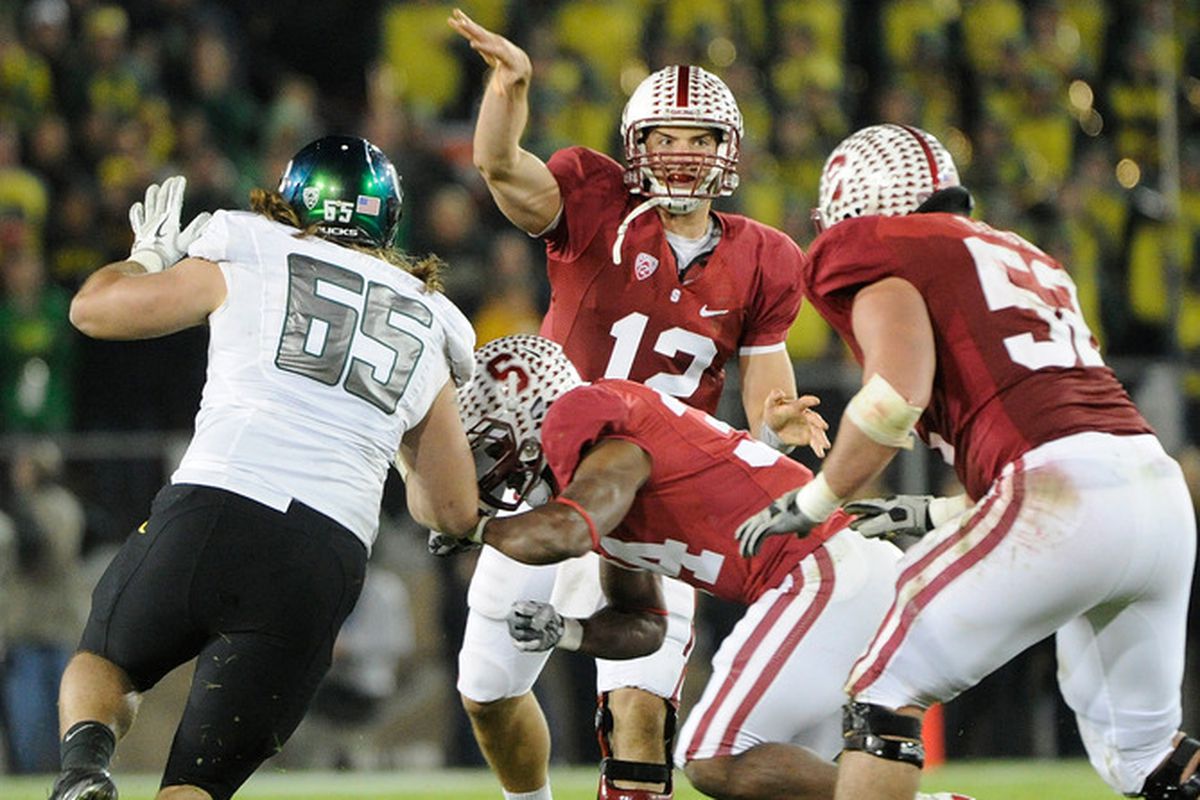 STANFORD, CA - NOVEMBER 12: Andrew Luck #12 of the Stanford Cardinal throws a pass against the Oregon Ducks at Stanford Stadium on November 12, 2011 in Stanford, California.  (Photo by Thearon W. Henderson/Getty Images)