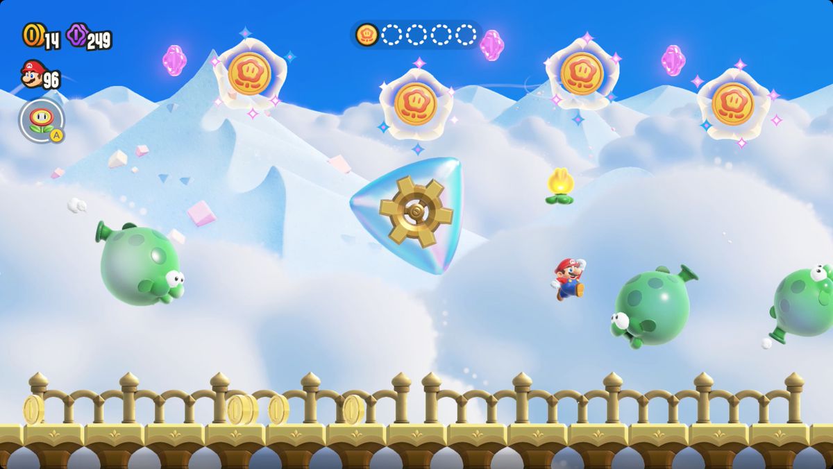 Super Mario Bros. Wonder Mario collecting Wonder Tokens in Break Time!: Floating Wonder Tokens.