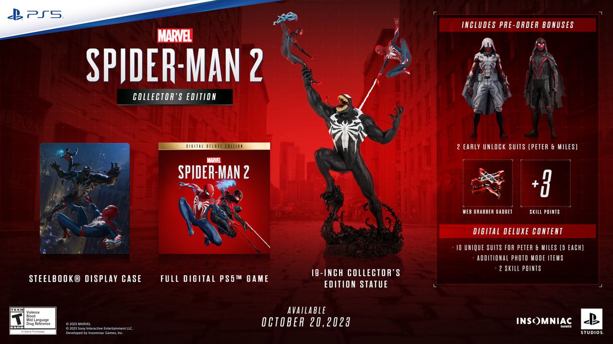 A stock photo showing the in-game cosmetics and bonuses packaged with the Spider-Man 2 Digital Collector’s Edition