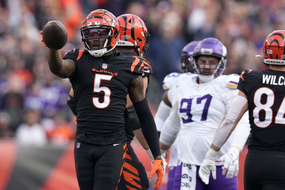Tee Higgins #5 of the Cincinnati Bengals reacts after a play in the fourth quarter of the game against the Minnesota Vikings at Paycor Stadium on December 16, 2023 in Cincinnati, Ohio.
