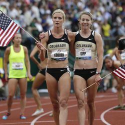 Utahn Shalaya Kipp, right, and Emma Coburn celebrate advancing to the Olympics after finishing the women's 3,000 meter steeplechase at the U.S. Olympic Track and Field Trials Friday, June 29, 2012, in Eugene, Ore.