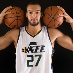 Utah Jazz center Rudy Gobert (27) Utah Jazz players gather for media day at their practice facility in Salt Lake City on Monday, Sept. 26, 2016. 