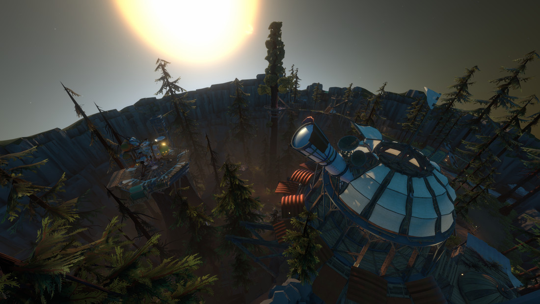An observatory looms over starting village in Outer Wilds.
