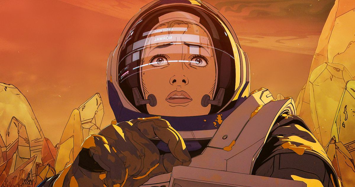 an astronaut against a gorgeous orange backdrop looks worried