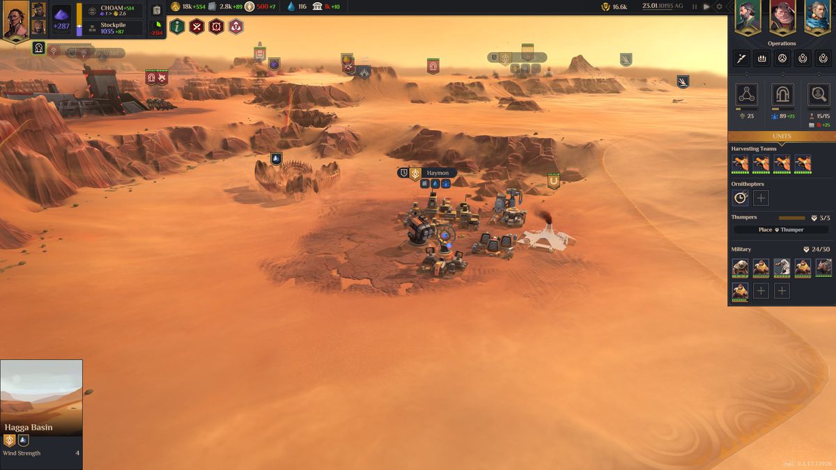 A wide shot of Arrakis and a new colony in Dune: Spice Wars