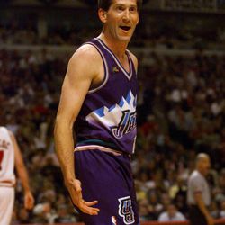 Utah's Jeff Hornacek questions a call during Game 5 of the NBA Finals in Chicago Friday June 12, 1998.