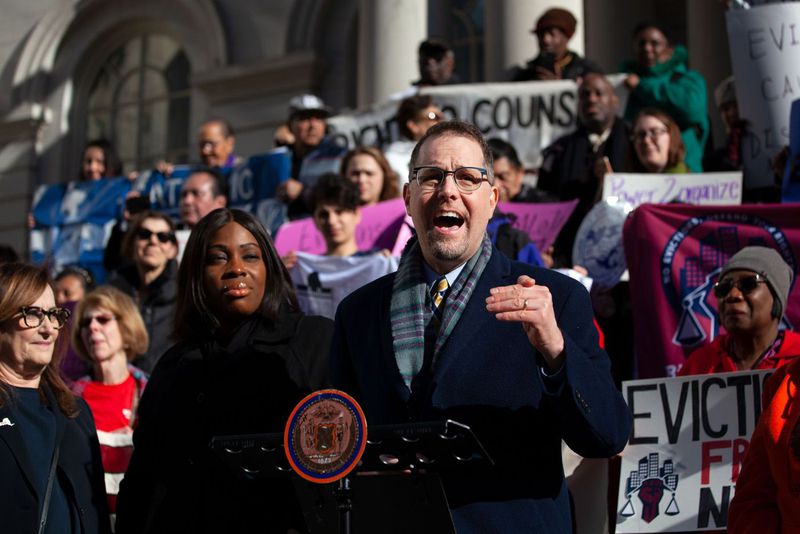 Councilmember Mark Levine (D-Manhattan) speaks at a City Hall rally before a vote on the Right to Counsel bill.
